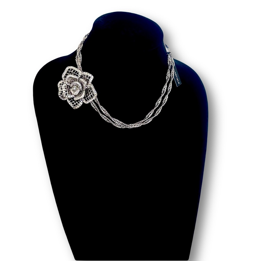 WHBM Pave Crystal Silver Rose Pendant/Broach Convertible Necklace NWT - Picture 5 of 14